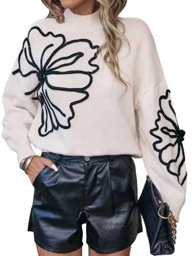 GORGLITTER Pullover & Strickmode GORGLITTER Damen Strickpullover Elegant Langarm Stehkragen Pullover mit Blumenmuster Locker Locker Sweater Langarmshirt Lässig Damenpullover