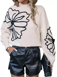GORGLITTER Pullover & Strickmode GORGLITTER Damen Strickpullover Elegant Langarm Stehkragen Pullover mit Blumenmuster Locker Locker Sweater Langarmshirt Lässig Damenpullover