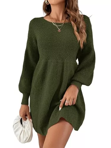 Saodimallsu Freizeit Saodimallsu Damen Rundhals Strickkleid Puffärmel Hoch Tailliert Pulloverkleid Elegant Strickpullover Kleid A-Linie Minikleid