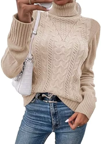 Fisoew Pullover & Strickmode Fisoew Pullover Damen Elegant Rollkragenpulli Cable Knit Langarm Strickpullover Casual Jumper Sweater Wollpulli.