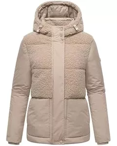 MARIKOO Jacken MARIKOO Damen Teddy-Fleecejacke warme Winterjacke Plüschjacke in angesagtem Materialmix mit Kapuze Sheeta 16 XS-3XL
