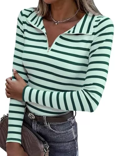 Aottori Pullover & Strickmode Aottori Pullover Damen Gestreiftes Langarmshirt Baumwolle Polo V-Ausschnitt Half Zip Shirt Langarm Ringelshirt Oberteile Elegant Herbst Winter Tee Shirts Tops