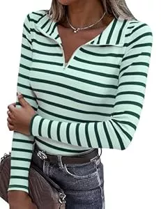 Aottori Pullover & Strickmode Aottori Pullover Damen Gestreiftes Langarmshirt Baumwolle Polo V-Ausschnitt Half Zip Shirt Langarm Ringelshirt Oberteile Elegant Herbst Winter Tee Shirts Tops