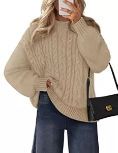 MEROKEETY Pullover & Strickmode MEROKEETY Damen-Pullover mit Zopfmuster, lange Laternenärmel, Rundhalsausschnitt, grob, lockerer Pullover, Oberteil, Winterkleidung