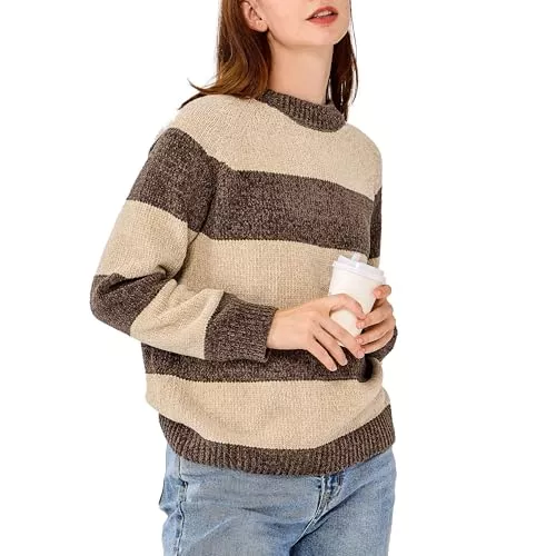 Simple&amp;Opulence Pullover & Strickmode Simple&amp;Opulence Gestreifter Chenille-Pullover mit Rundhalsausschnitt, Warmer Vintage-Pullover mit Langen Ärmeln, Pullover-Tops für Frauen