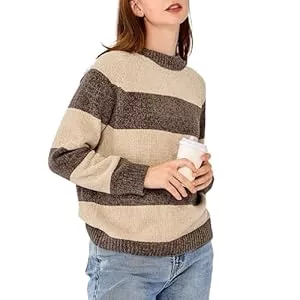 Simple&Opulence Pullover & Strickmode Simple&Opulence Gestreifter Chenille-Pullover mit Rundhalsausschnitt, Warmer Vintage-Pullover mit Langen Ärmeln, Pullover-Tops für Frauen