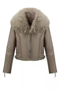 Geschallino Jacken Geschallino Kunstlederjacke für Damen Motorrad Kurze Sherpa Gefütterter Winter Mantel mit Abnehmbarem Pelzkragen