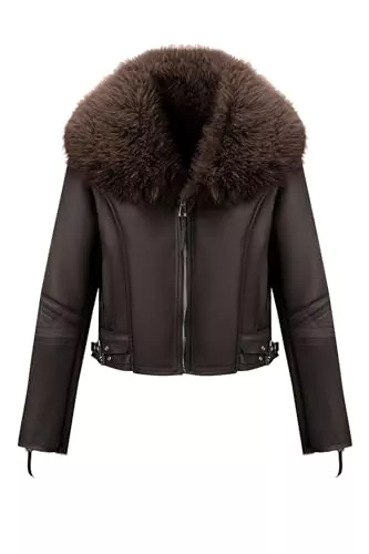Geschallino Jacken Geschallino Kunstlederjacke für Damen Motorrad Kurze Sherpa Gefütterter Winter Mantel mit Abnehmbarem Pelzkragen