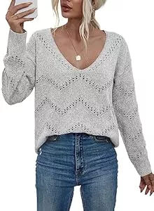Dokotoo Pullover & Strickmode Dokotoo Damen Strickpullover V-Ausschnitt Elegant Leicht Pullover Einfarbig Lose Langarmshirt Oberteil Pulli für Herbst Winter S-XXL