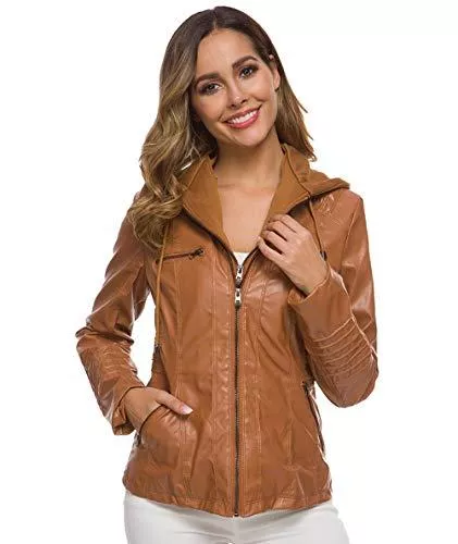 Dawwoti Jacken & Westen Dawwoti Frauen Kapuzen Pu Ledermantel Slim Fit Lässige Over Coat