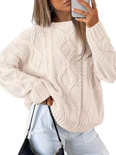 Trendy Queen Pullover & Strickmode Trendy Queen Damen Oversized Zopfmuster Rundhalsausschnitt Pullover