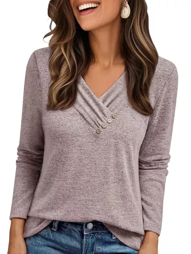 Cuptacc Pullover & Strickmode Cuptacc Pullover Damen Langarmshirt V Ausschnitt Elegant T Shirt Knopfleiste Longsleeve Damen Oversized Tunika Oberteile