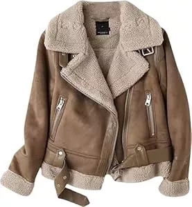 Goolecrimp Jacken Goolecrimp Damen gepolstert gefüttert warm Wildleder Jacke Winter Retro Revers Biker Jacke Mode lose lässig Outdoor Winddicht Reißverschluss Jacke