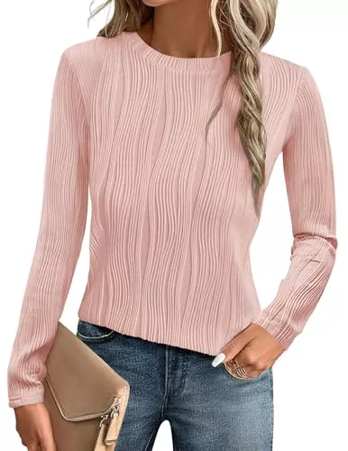 GLEENOD Pullover & Strickmode GLEENOD Langarmshirt Damen Rundhals Pullover Elegant Langarm Oberteile Stretch Wellenmuster Tshirts Basic Tops