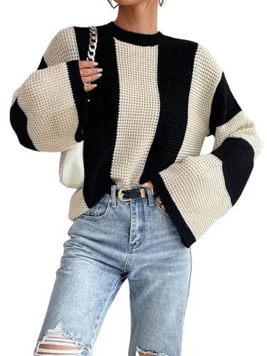 GORGLITTER Pullover & Strickmode GORGLITTER Damen Pullover Elegant Strickpullover Rundhals Stricktop Strickpulli Farbblock Langarmshirt Sweater Herbst Outfit
