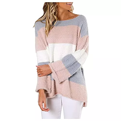 Generisch Pullover & Strickmode Generisch Baumwollpulli Damen Sommerpullover Damen Leicht Damen-Langarm-Rundhals-Pulli Tunic Taillenshemd lässiger loser Pulli Modischer Damenpullover Strickpullover Damen Grau