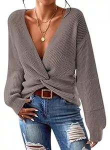 Sovoyontee Pullover & Strickmode Sovoyontee Damen Pullover Lässig V Hals Langarm Twsit Knot Strick Cropped Tops