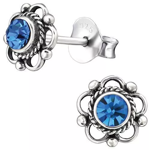 EYS JEWELRY Schmuck EYS JEWELRY Damen Ohrringe Blume Blüte 925 Sterling Silber oxidiert Glitzer Kristalle 7 mm Ohrstecker Damenohrringe Damenohrstecker
