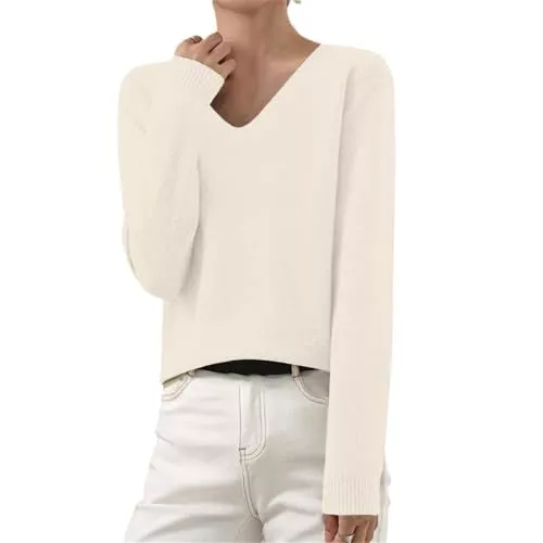 Generic Pullover & Strickmode Pullover Damen Strickpullover Basic Baumwoll Einfarbig Strickpulli Leicht Gestrickte Pulli Dünn Herbst Winter Sweater Warm Winterpullover Wollpullover Rundhal/V-Ausschnitt Kaschmir Sweater