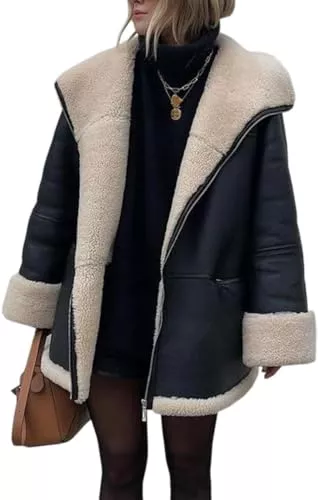 Yancremio Jacken Yancremio Frauen gepolstert gefüttert Motorradjacke Winter Winddicht verdickt warm PU Mantel Mode lose Business Casual Oversized Revers Mantel