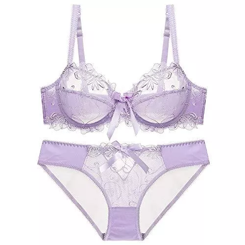 WHSS Unterwäsche & Dessous WHSS Dessous-Sets Damen Unterwäsche-Set BH und Höschen Set Sexy Spitze Stickerei Ultradünn Transparent Durchsichtig Dessous Atmungsaktiv für große Brüste (Farbe: Lila, Größe: 75C=32C=70C)