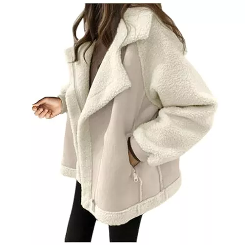 Generisch Jacken Generisch Lederjacke Damen Gefüttert Winterjacke Elegant Teddyjacke Mit Taschen Wintermantel Mit Knöpfen Damen-Jacken Einfarbig Warm Mantel Vintage Dicke Jacke Winddicht Revers Bikerjacke Thermo