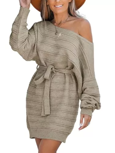 CUPSHE Freizeit CUPSHE Damen Strickkleid One Shoulder Dolman-Ärmel Pulloverkleid mit Gürtel Boot-Ausschnitt Herbst Winter Elegant Pulli Kleider Mini Dress
