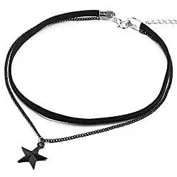 COOLSTEELANDBEYOND Schmuck COOLSTEELANDBEYOND Zwei Reihen Schwarz Choker Halsketten Halskette für Damen Mädchen mit Schwarz Kette und Stern Pentagramm Charm Anhänger
