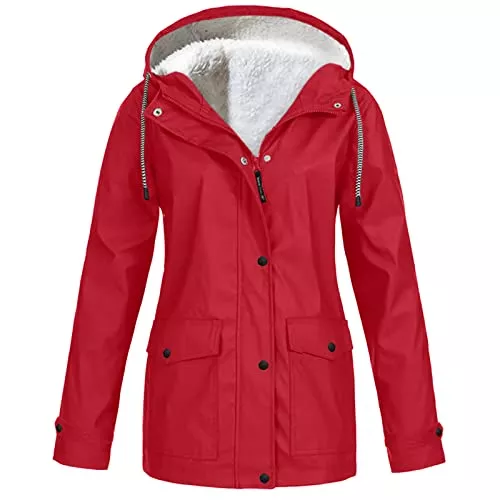 FUPODD Jacken Winterjacke Damen Warm Teddyfleece Gefütterte Regenjacke Damen Wasserdicht Regenmantel Frauen Mit Kapuze Skijacke Outdoor Funktionsjacke Parka Winddicht Softshelljacke Zipper Übergangsjacke