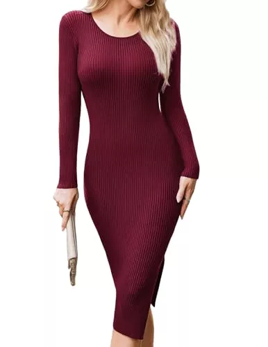 Hotouch Freizeit Hotouch Strickkleid Damen Pulloverkleid Elegant Rundhals Winterkleider Lang Bodycon Pullikleid mit Schlitz Herbst Winter S-XXL