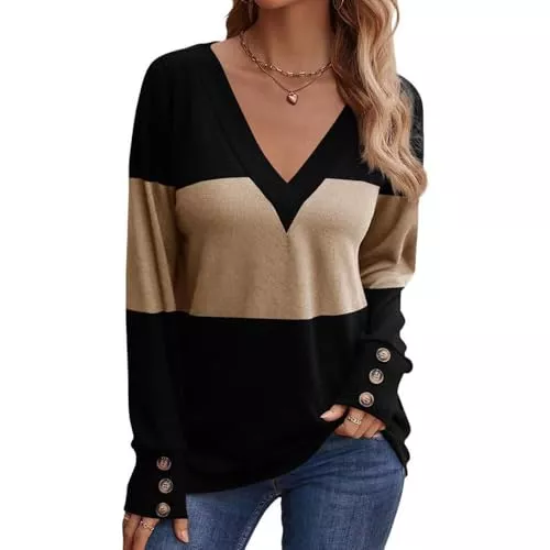 SHEKINI Pullover & Strickmode SHEKINI Damen Pullover Casual Shirt V-Ausschnitt Oberteil Leichtes Langarm Farbblock lockere Passform T-Shirt