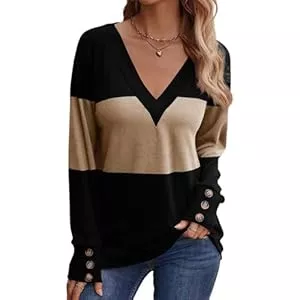 SHEKINI Pullover & Strickmode SHEKINI Damen Pullover Casual Shirt V-Ausschnitt Oberteil Leichtes Langarm Farbblock lockere Passform T-Shirt