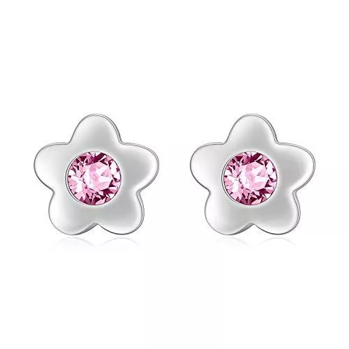 AOBOCO Schmuck Blume Ohrringe Kinder Sterling Silber 925 Ohrstecker mit Rosa Kristallen, Geburtstagsgeschenk für Mädchen Frauen Tochter