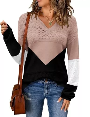 Zeagoo Pullover & Strickmode Zeagoo Pullover Damen V Ausschnitt Dünne Strickpullover Langarm Einfarbige Ribbed Knit Sweater Herbst Winter Pulli Elegant Sweatshirt S-XXL