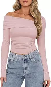 TrendiMax Langarmshirts TrendiMax Damen Langarmshirt Elegant Stretch Pullover Slim Fit One Off Shoulder Oberteil Langarm Tshirts Schulterfrei Asymmetrischer Sexy Enge Tops Y2K Crop Top