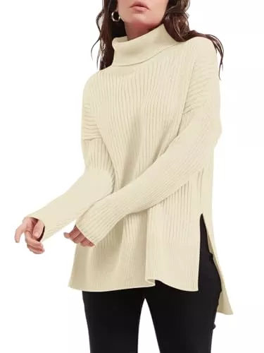 Imily Bela Pullover & Strickmode Imily Bela Damen Oversized Rollkragenpullover,Langärmeliger Tunika Pulli,Locker sitzend Winter Sweater,Rippenstrickpullover mit Seitenschlitz