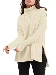 Imily Bela Pullover & Strickmode Imily Bela Damen Oversized Rollkragenpullover,Langärmeliger Tunika Pulli,Locker sitzend Winter Sweater,Rippenstrickpullover mit Seitenschlitz