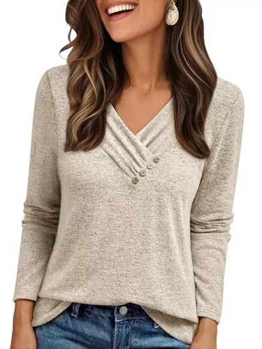 Cuptacc Pullover & Strickmode Cuptacc Pullover Damen Langarmshirt V Ausschnitt Elegant T Shirt Knopfleiste Longsleeve Damen Oversized Tunika Oberteile