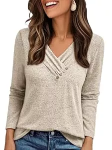 Cuptacc Pullover & Strickmode Cuptacc Pullover Damen Langarmshirt V Ausschnitt Elegant T Shirt Knopfleiste Longsleeve Damen Oversized Tunika Oberteile