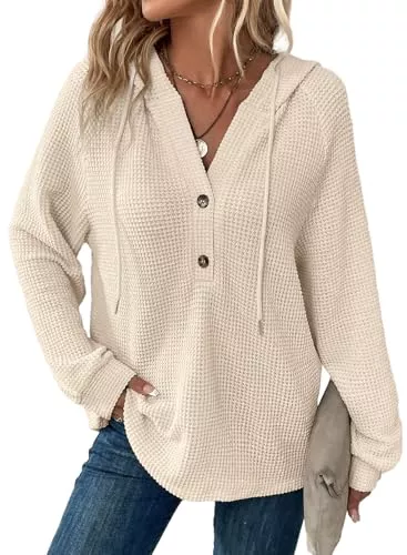 Dokotoo Pullover & Strickmode Dokotoo Damen Kapuzenpullover Knopfleiste V-Ausschnitt Hoodie Pullover Langarm Casual Sweatshirt Oberteil Tops S-XXL