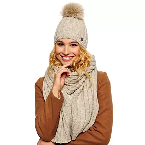 ELIMELI Hüte & Mützen ELIMELI® Kaschmir Mütze Damen Winter warme Strickmütze Wollmütze mit Kaschmir Wintermütze mit Kunstfell Bommel Slouch Strick Beanie Damen für Winter Bommelmütze Hergestellt in EU