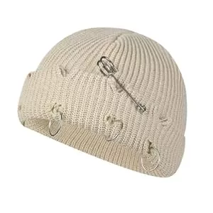 WJIAYAO Hüte & Mützen WJIAYAO Caps Für Damen Strickmütze, zerrissen, warmes Wollgarn, Herbst-Winter-Mütze for Damen, Bördel-Metallring, Strick-Totenkopfmütze, einfarbig