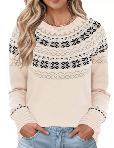 Rapbin Pullover & Strickmode Rapbin Pullover Damen Rundhalsausschnitt Fair Isle Langarm Strickpullover Herbst Winter Knit Sweater Elegant Sweatshirt