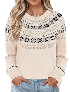 Rapbin Pullover & Strickmode Rapbin Pullover Damen Rundhalsausschnitt Fair Isle Langarm Strickpullover Herbst Winter Knit Sweater Elegant Sweatshirt