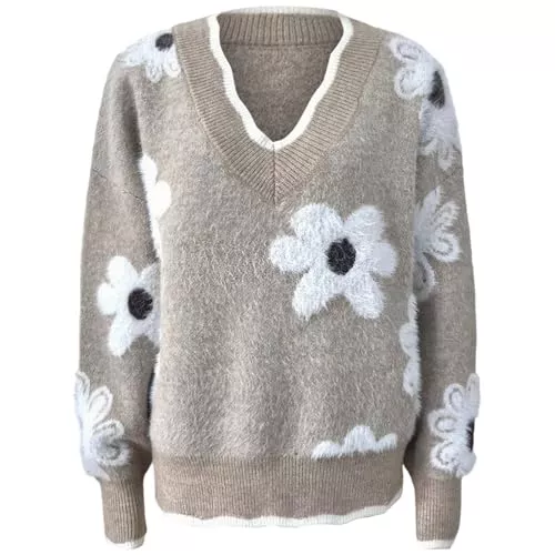 Generisch Pullover & Strickmode Generisch Damen Strickpullover mit großem Blumenmuster - Lässiger V-Ausschnitt-Pullover mit Wellenkante | Kuscheliger Pulli für einen femininen Herbst-Look