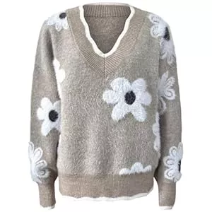 Generisch Pullover & Strickmode Generisch Damen Strickpullover mit großem Blumenmuster - Lässiger V-Ausschnitt-Pullover mit Wellenkante | Kuscheliger Pulli für einen femininen Herbst-Look