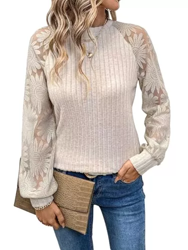 GORGLITTER Pullover & Strickmode GORGLITTER Langarm Shirt Damen Elegant Oberteile mit Spitzen Langarm Tshirt Bluse mit Laternenärmeln Rundhals Strickpullover Herbst T-Shirts