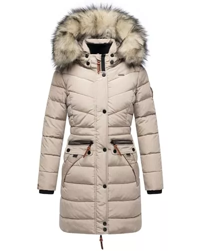 Navahoo Mäntel Navahoo Damen Wintermantel warmer Steppmantel lang mit abnehmbarer Kunstfell-Kapuze Paula XS-5XL