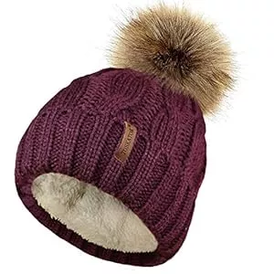 TOSKATOK  TOSKATOK Damen Chunky weichen Kabel Stricken Hut mit gemütlichem Fleecefutter und abnehmbarem Kunstpelz Pompom