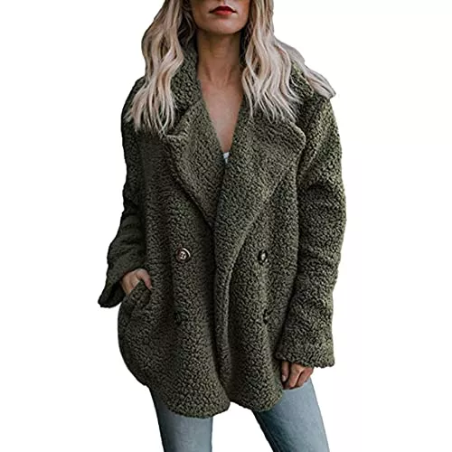 FUPODD Jacken Winterjacke Damen Warm Gefüttert Fleecejacke Damen Zweireiher Wintermantel Damen Dicke Jacke Damen Winter Teddyjacke Damen Umlegekragen Wollmantel Plüschjacke Frauen Kuscheljacke Flauschig